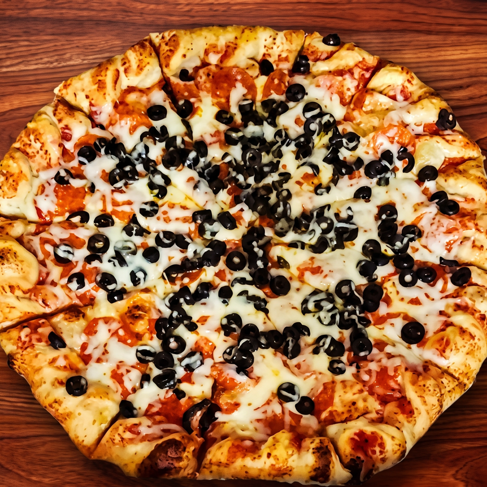 A whole pizza with tomato sauce, melted cheese, and black olives on a wooden surface.